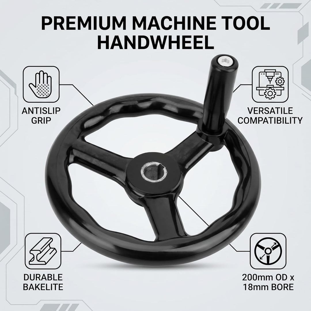 Garosa 200 * 18mm Handrad, Schwarz Anti-Rutsch-Bakelit 3-Speichen-Handrad mit Griff für Fräsmaschine