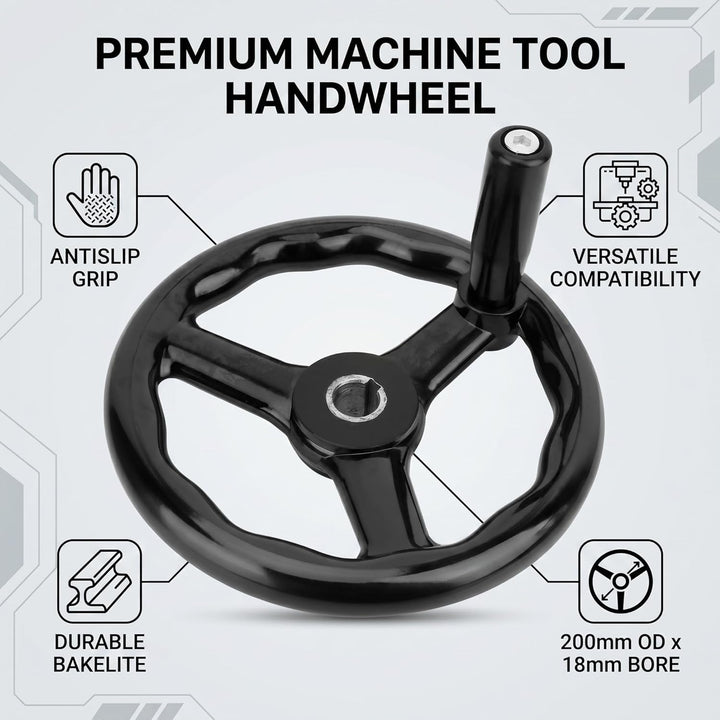 Garosa 200 * 18mm Handrad, Schwarz Anti-Rutsch-Bakelit 3-Speichen-Handrad mit Griff für Fräsmaschine
