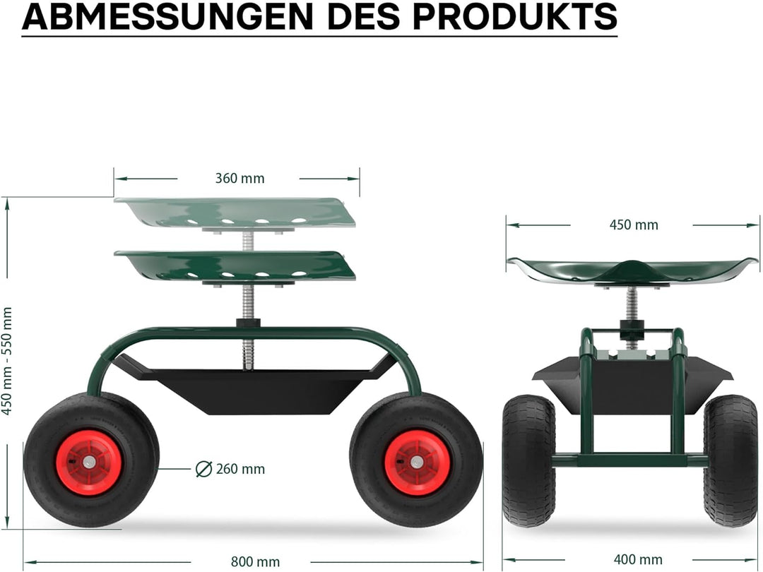 Wiltec Gartenwagen mit Ablagefläche bis 150kg Gartenhocker mit Reifen Gartentrolley für Gartenarbeit