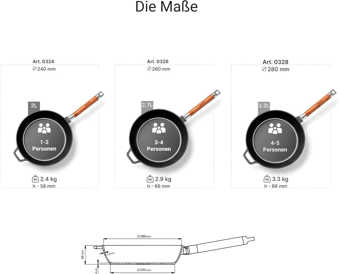 BIOL Gusseisen Pfannen Set 24 cm + 26 cm + 28 cm – 3-teilig – Mit abnehmbaren Holzgriffen – Für Indu