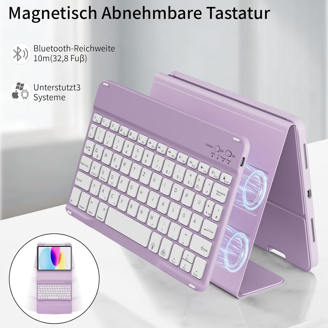 Hülle mit Tastatur für iPad A16 11 Generation 2025/10 Generation 2022 (11/10.9 Zoll) 7 Farben Beleuc