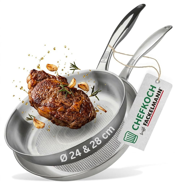 FACKELMANN Chefkoch Bratpfannen 2er-Set München aus Edelstahl Ø 28 & 24cm, Induktionsgeeignet & Spül