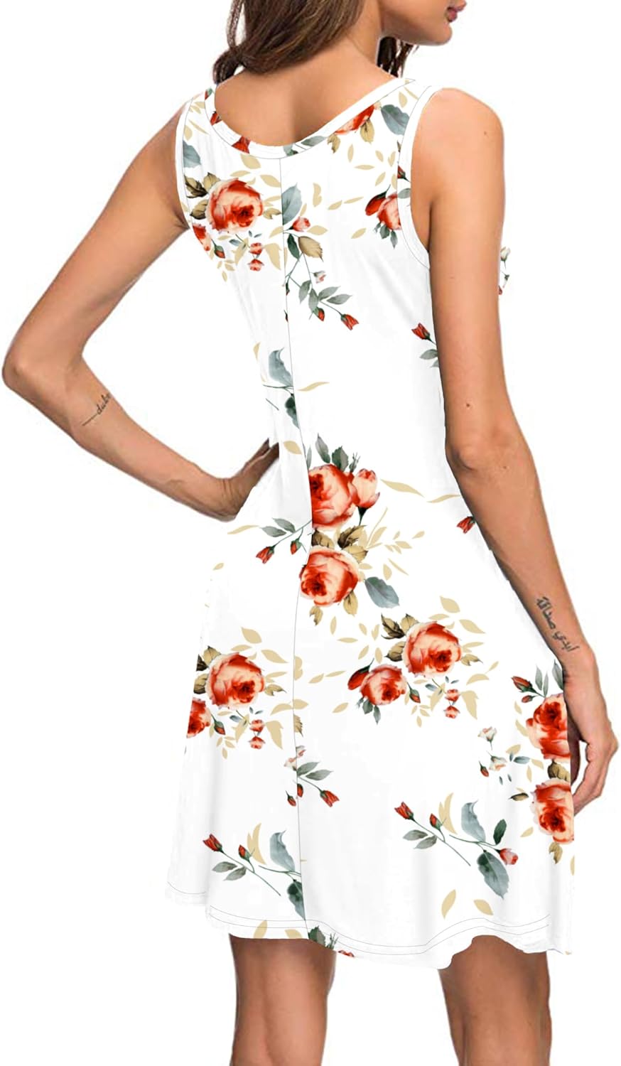 AUSELILY Damen Sommerkleid V-Ausschnitt Strandkleid Ärmellos Swing Kleider mit Taschen XL Rosa Weiss