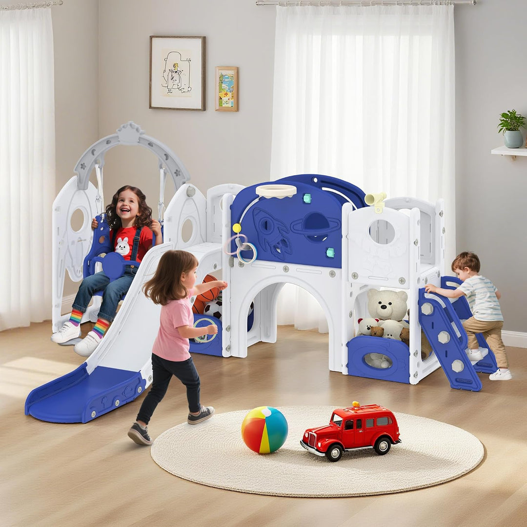 Aufun 7-in-1 Kinderrutsche für Kleinkinder, Multifunktionales Spielset mit Schaukel, Rutsche, Basket