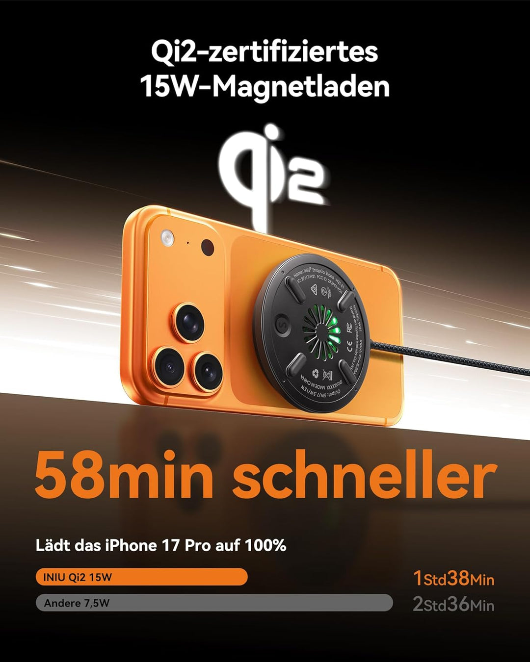 INIU Mag-Safe Ladegerät, 15W Qi2-Zertifiziertes Wireless Charger Induktive iPhone Ladestation mit LE