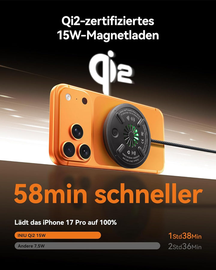 INIU Mag-Safe Ladegerät, 15W Qi2-Zertifiziertes Wireless Charger Induktive iPhone Ladestation mit LE