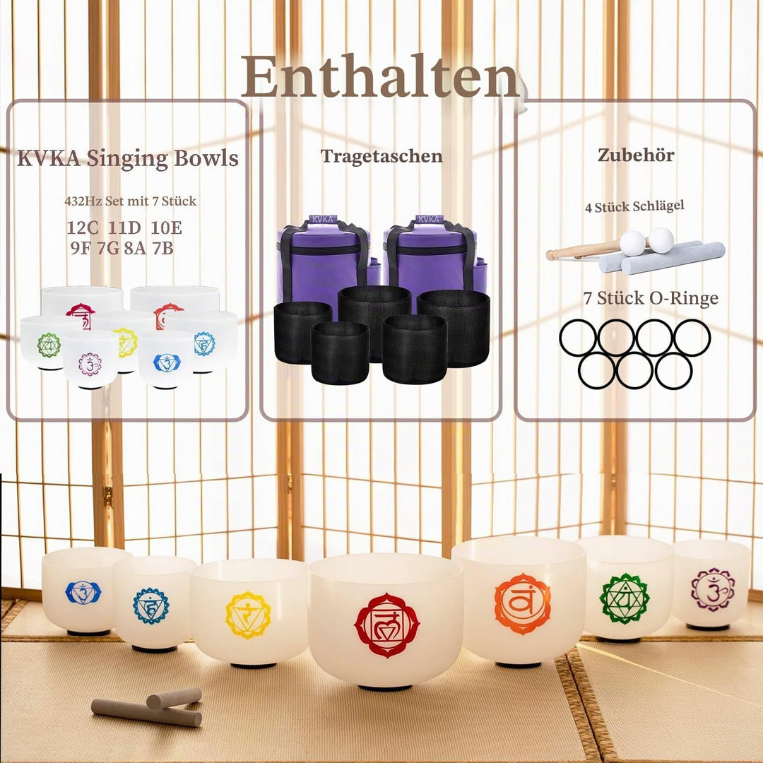 KVKA Kristall-Klangschalen Set, 7-12 inch 432Hz 7-Chakra Heilung Sound Healing Klangschalen für Yoga