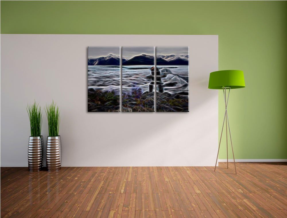 Steinmenschskulptur in winterlicher Landschaft NewArt 3-Teiler Leinwandbild 120x80 Bild auf Leinwand