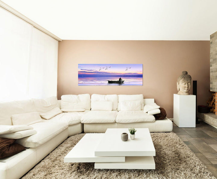 Paul Sinus Art Panoramabild auf Leinwand und Keilrahmen 150x50cm Meer Fischerboot Fischer Möwen Morg