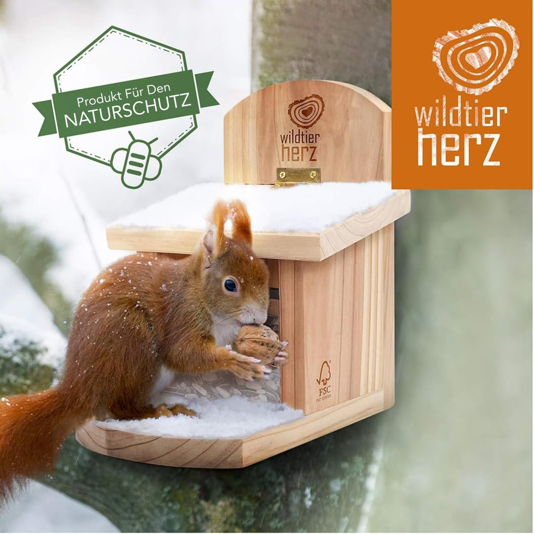 wildtier herz I Eichhörnchen Futterhaus wetterfest I aus verschraubtem Massiv-Holz Futterstelle I Fu