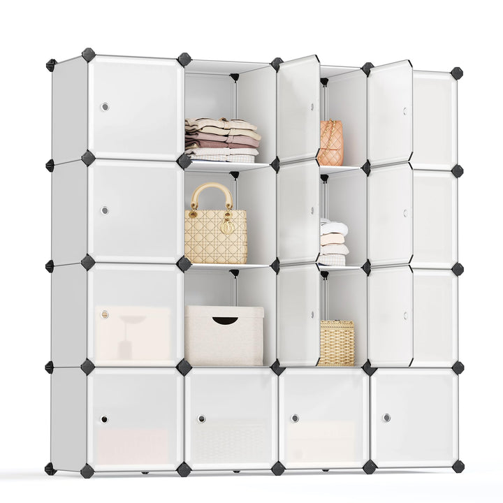 SONGMICS 16 Würfel DIY Regalsystem Kleiderschrank aus Kunststoff mit Türen in modischem Weiss stabil
