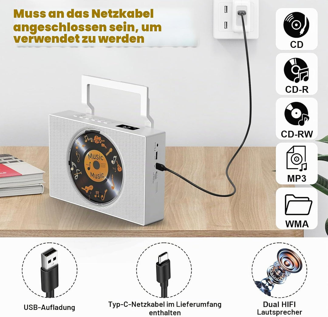 Gueray CD-Player mit Radio: Bluetooth CD Player mit Griff, CD-Spieler Lautsprechern, Display, Fernbe