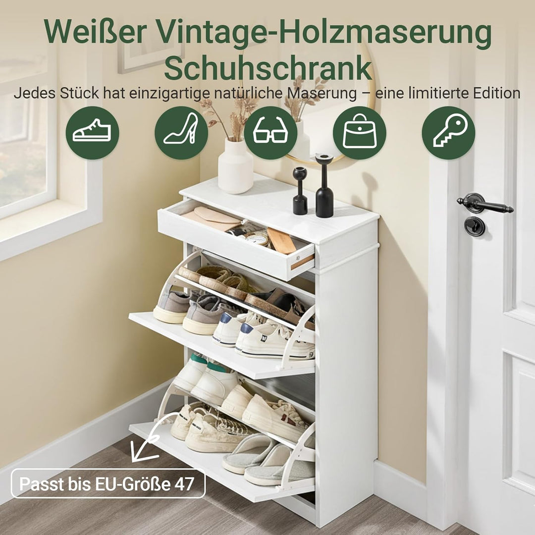 SoBuy Schuhschrank Schmal Weiss Holzoptik, Flurschrank Schmal mit Schublade, Schuhschrank Vintage, S