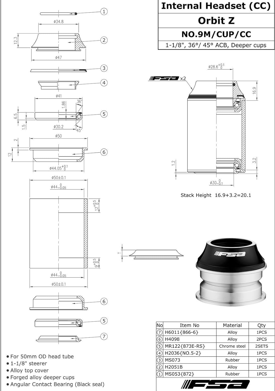 FSA Orbit Z 1-1/8 Zoll 44 mm gewindelos 1-1/8 Zoll Headset W/Top Cap, NO.9M/Cup/CC, XTE1529