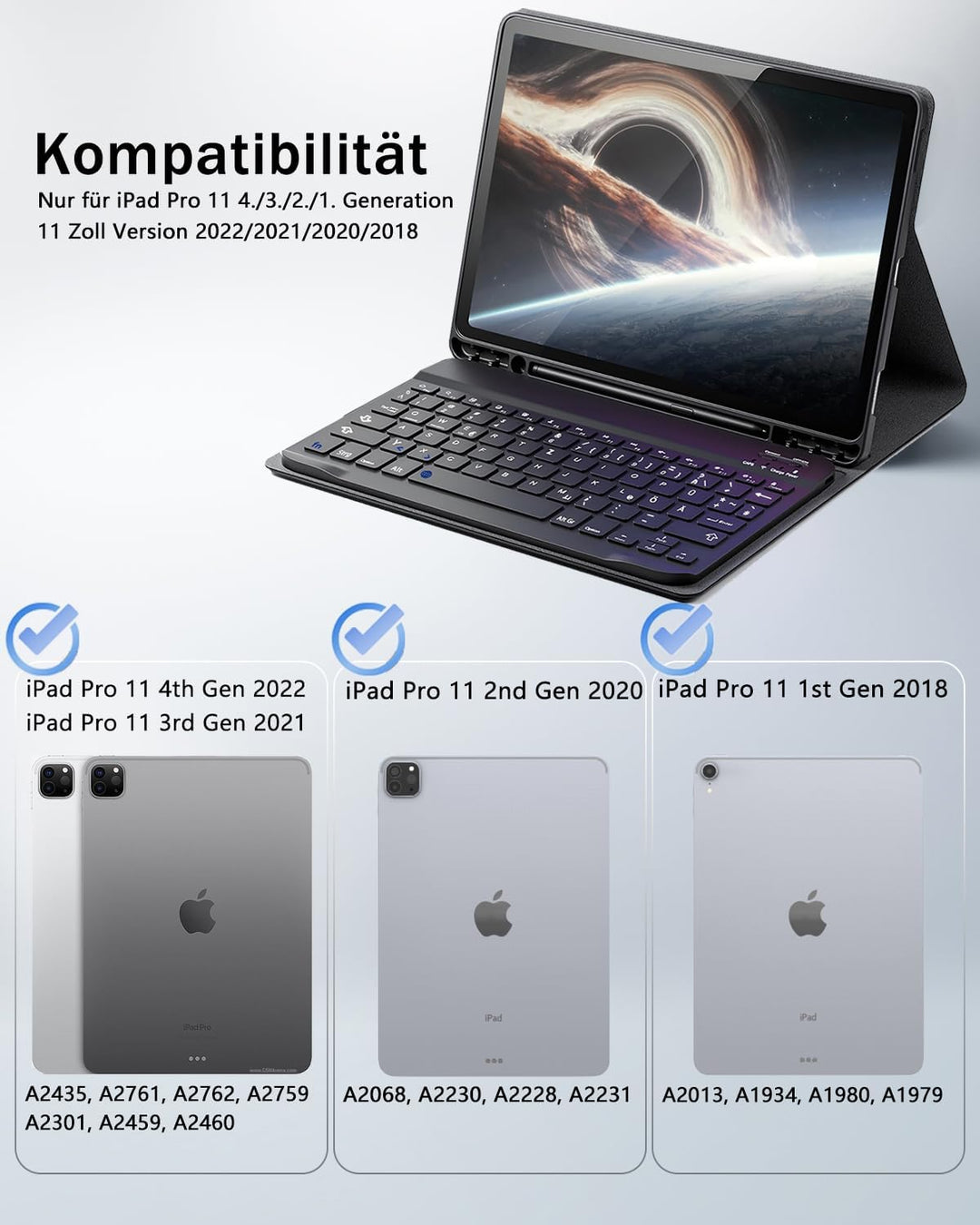 für iPad Pro 11 Zoll (4, 3, 2, 1 Generation-2022/2021/2020/2018) Hülle mit kabellose Bluetooth Deuts