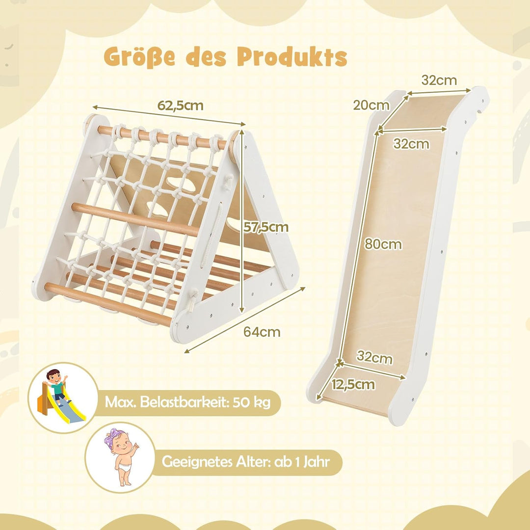 DREAMADE 4 IN 1 Kletterdreieck mit Rutsche und Kletternetz, Holzdreieck Kletterspielzeug aus Holz, I