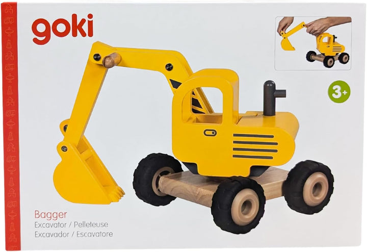 goki 55898 - Bagger aus Massivholz, Robustes Baufahrzeug mit beweglicher Schaufel und Gummireifen, g