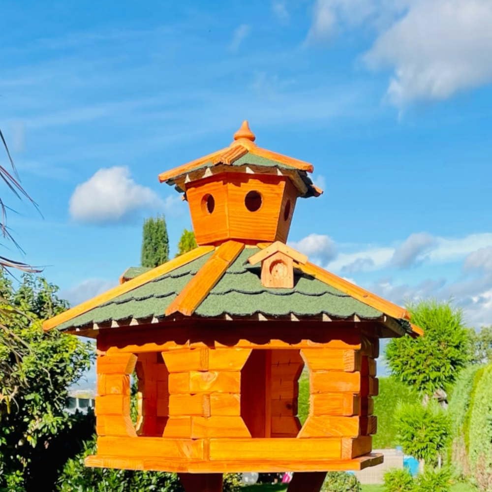 handgefertigtes Sechseck Vogelhaus aus Holz wetterfest M - XL mit und ohne Ständer, Futterhaus, Futt