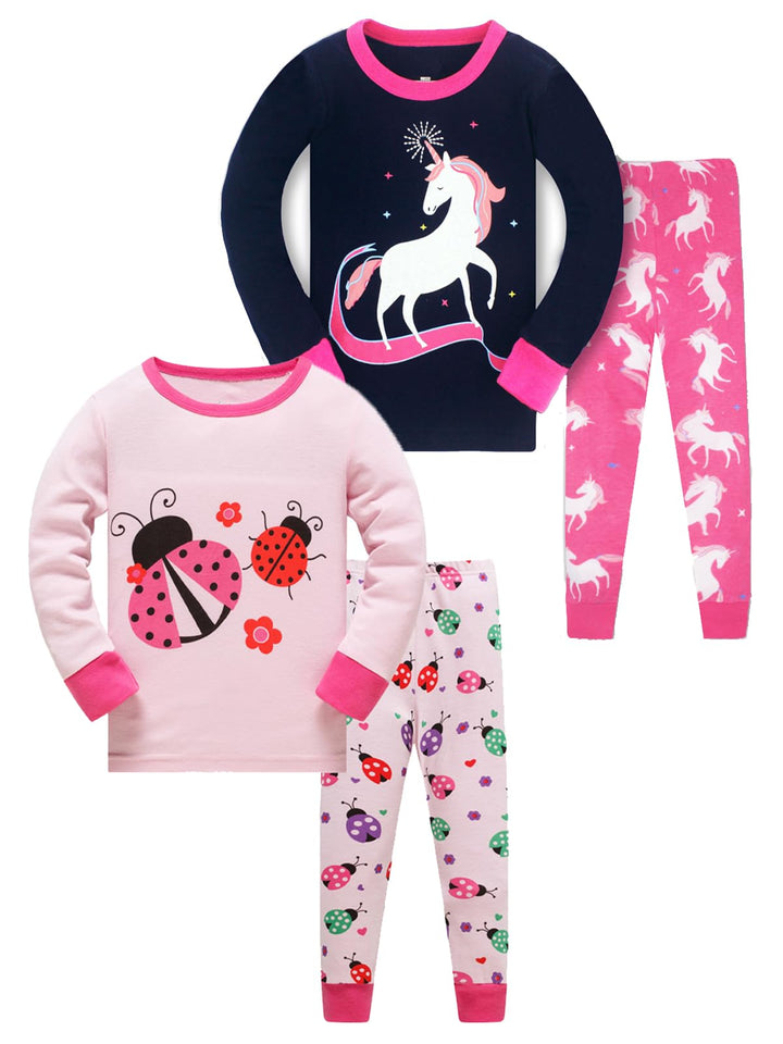 LOLPIP Mädchen Pyjamas 100% Baumwolle Schlafanzug für Kinder Schlafkleidung Langarm 4 Stück Set 1-12
