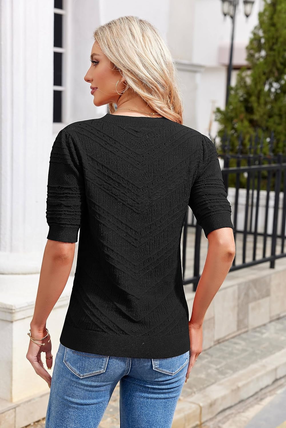 Runcati Damen Kurzarm Strickpullover Casual Rundhals Puffärmel Elegante Einfarbige Sweateshirt Pullo