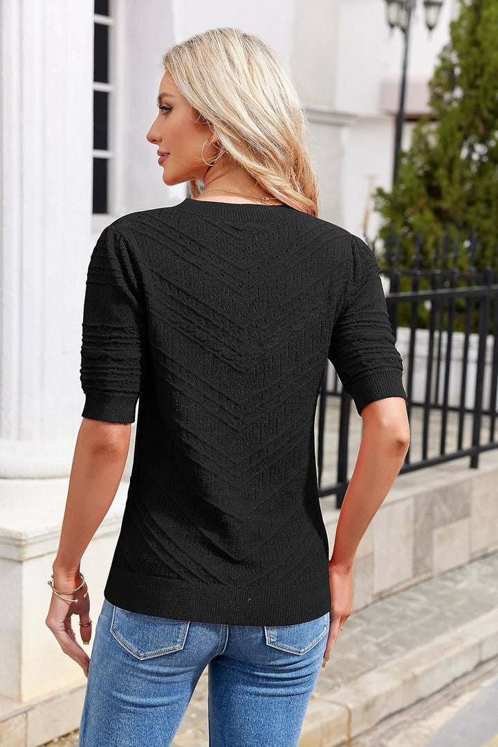 Runcati Damen Kurzarm Strickpullover Casual Rundhals Puffärmel Elegante Einfarbige Sweateshirt Pullo
