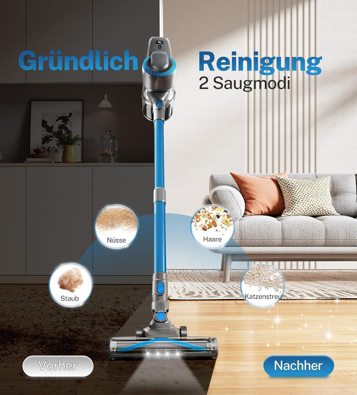 Akku Staubsauger, 30000Pa/55Min Staubsauger Kabellos, Anti-Tangle-Bürste und Selbststehend, Ultralei