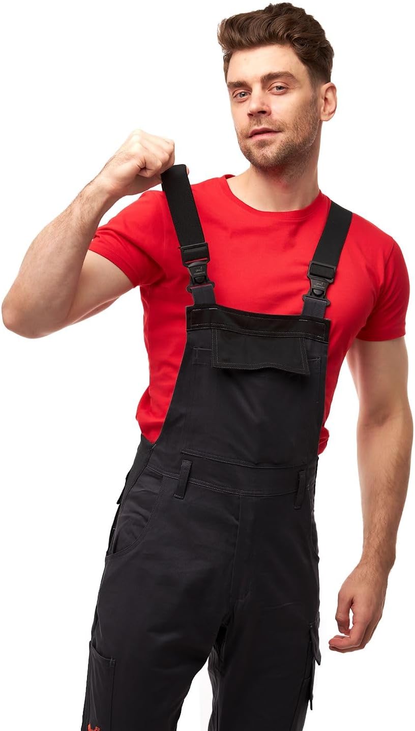 strongAnt Latzhose Herren Stretch Arbeitshose Arbeitslatzhose mit Kniepolstertaschen Schwarz Grau We