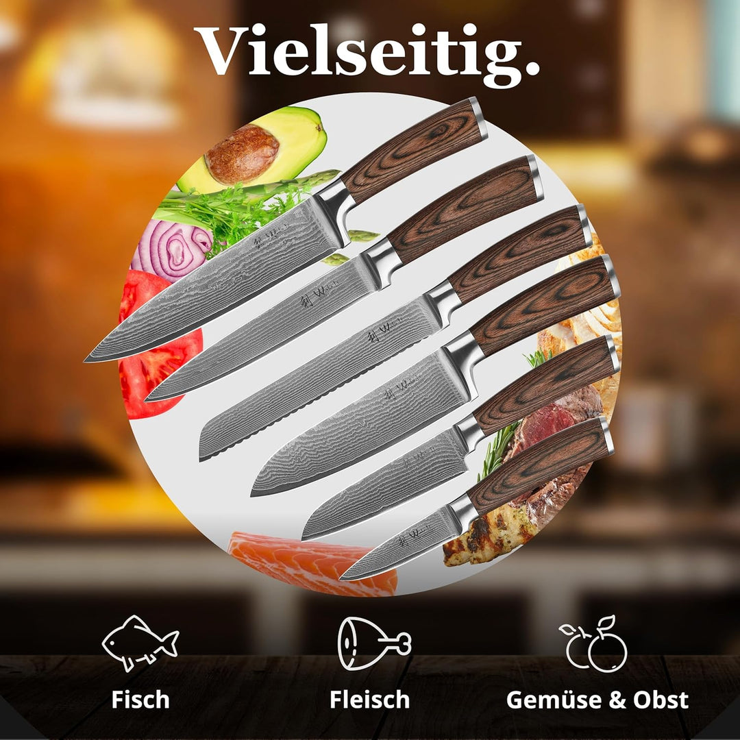 Wakoli Edib 6er Damastmesser-Set, scharfe 8 bis 20,5 cm Klingen Premium Küchenmesserset aus 67 Lagen
