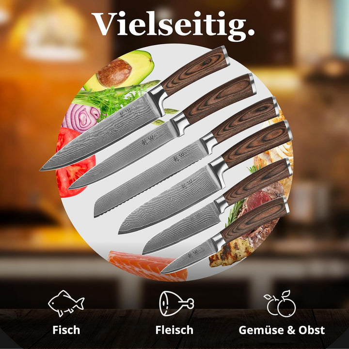 Wakoli Edib 6er Damastmesser-Set, scharfe 8 bis 20,5 cm Klingen Premium Küchenmesserset aus 67 Lagen
