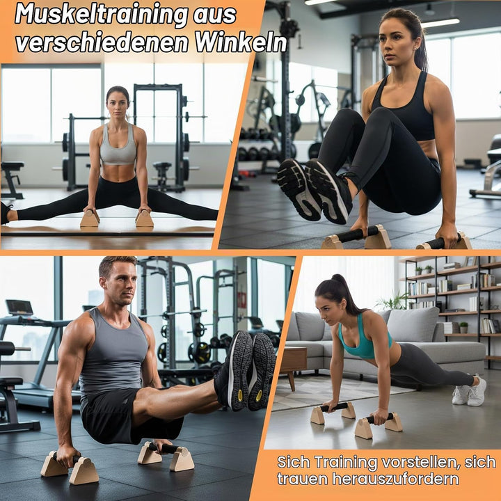 Liegestützgriffe Holz mit Handgelenkbandagen, 2 Stück 25cm Push Up Bars, Gelenkschonende Parallettes