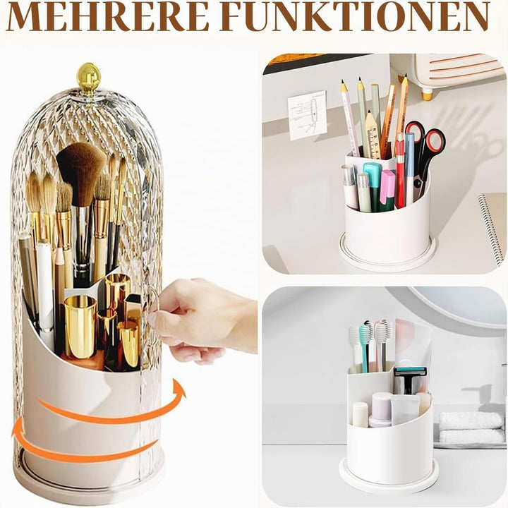 360° Drehbarer Make-up-Brushhalter mit Deckel – 3-Fach Unterteilt, Staubgeschützt | Schminkpinsel Or