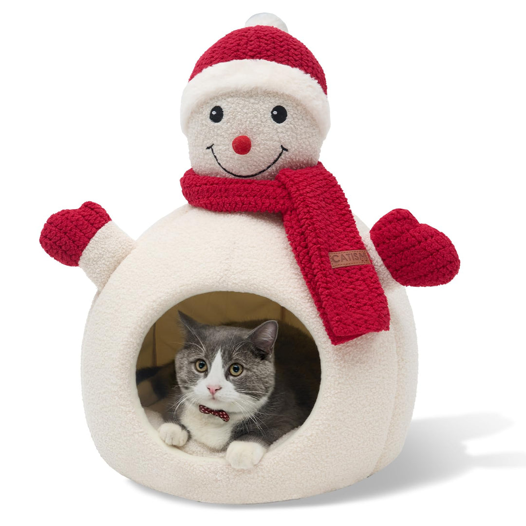 CATISM Weihnachten Katzenhöhle - 42 x 42 x 55 cm Katzenbett für Indoor-Katzen, Niedliche Schneemann