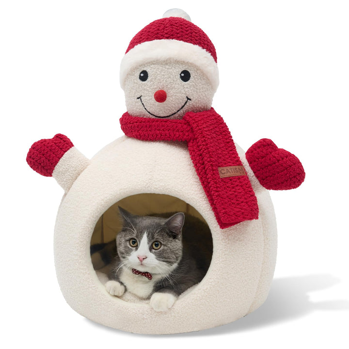 CATISM Weihnachten Katzenhöhle - 42 x 42 x 55 cm Katzenbett für Indoor-Katzen, Niedliche Schneemann