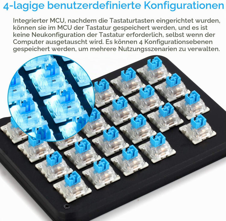 Koolertron Einhand Mini Tastatur, Mechanische Gaming Tastatur mit 23 Voll Programmierbaren Tasten, G