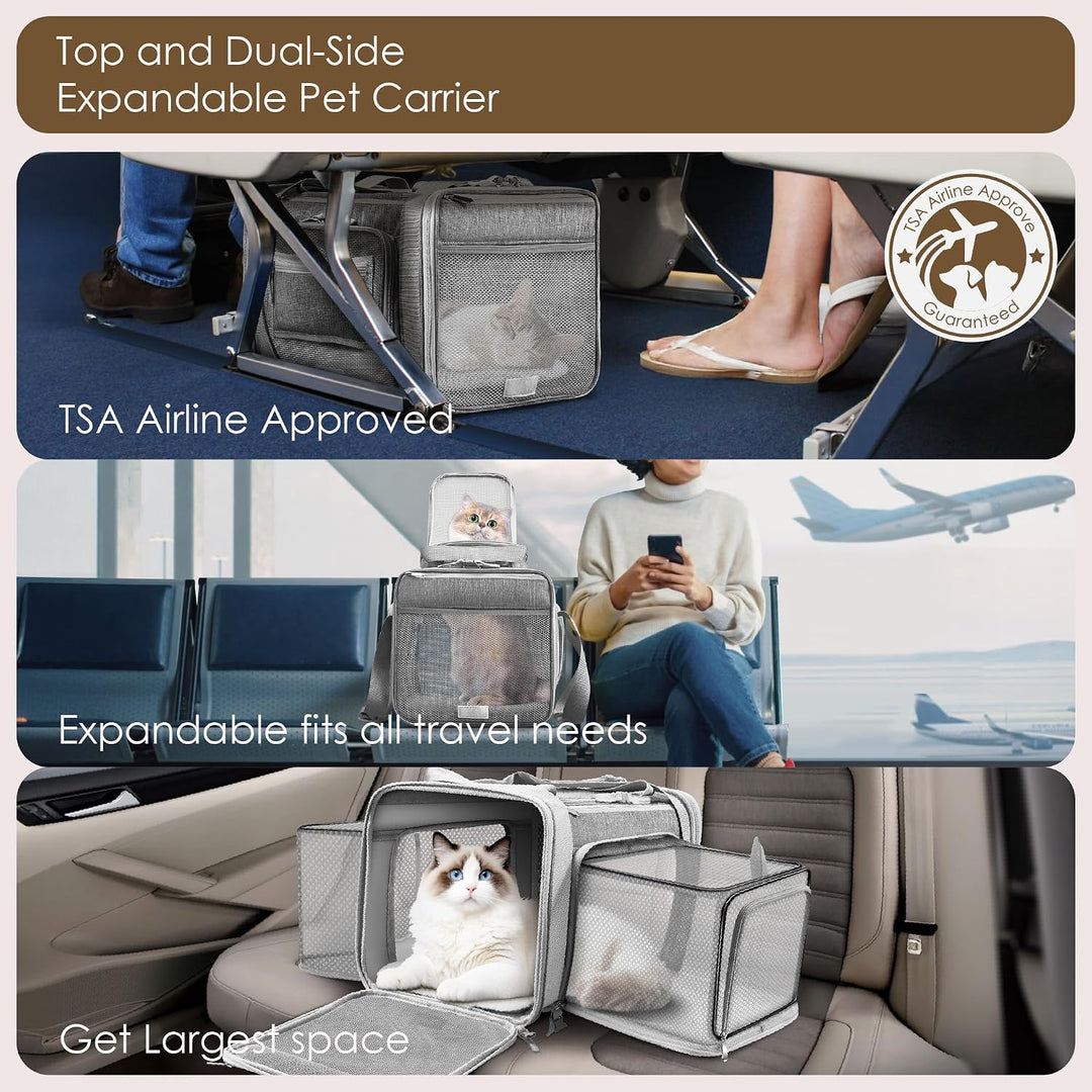 Top and 2 Sides Expandable Pet Carrier 17x11x9.5, TSA Airline Approved Small Dog Carrier for Small D