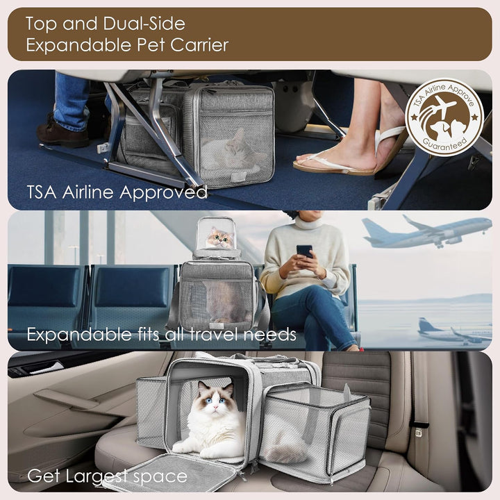 Top and 2 Sides Expandable Pet Carrier 17x11x9.5, TSA Airline Approved Small Dog Carrier for Small D