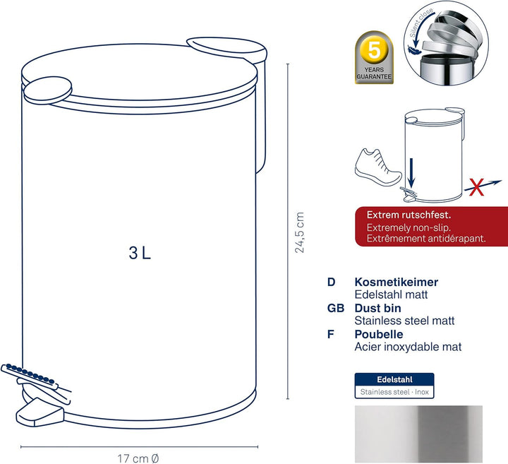 kela Kosmetikeimer 3l silber matt, Silent-Close-Deckel, Edelstahl Tretmülleimer Badezimmer MATS, Bad