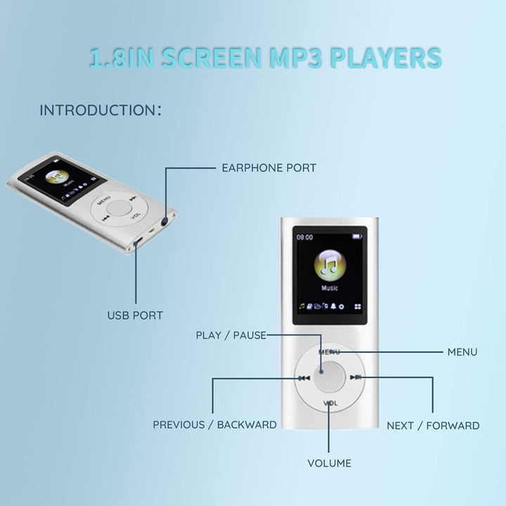 MP3-Musikplayer, MP3-Player, Tragbarer MP3-Player, Schlanker 1,8-Zoll-LCD-Bildschirm, mit Kopfhörer,