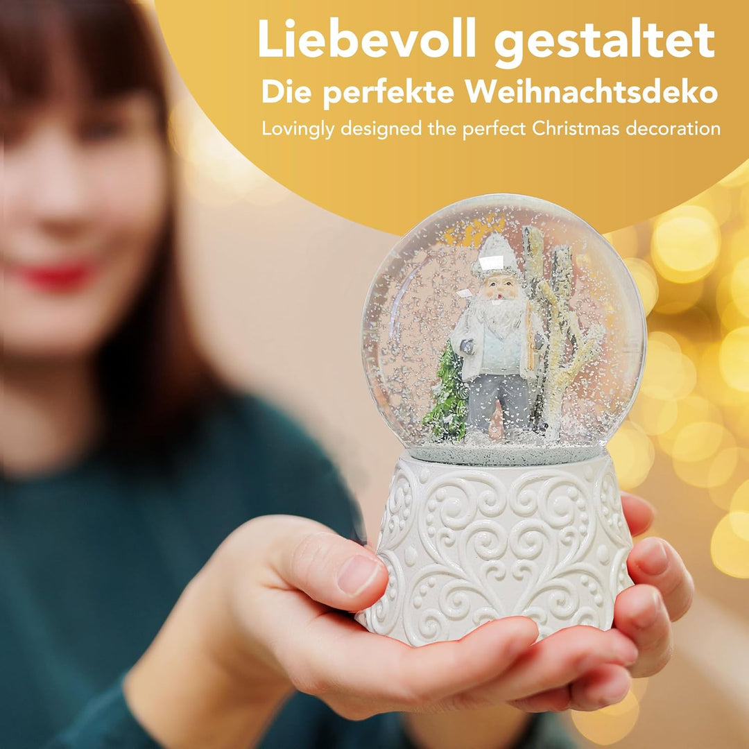 Schneekugel Weihnachten mit Musik | Weihnachtswichtel grau weiss | Sockel weiss Ornamente | H: 14cm