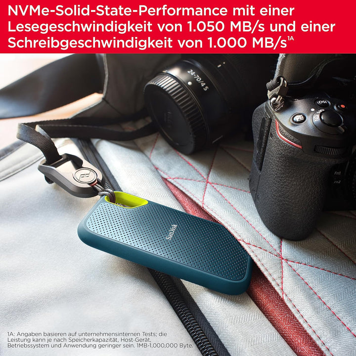 SanDisk Extreme Portable NVMe SSD 1 TB (USB-C, bis zu 1.050 MB/s Lesegeschwindigkeit und 1.000 MB/s