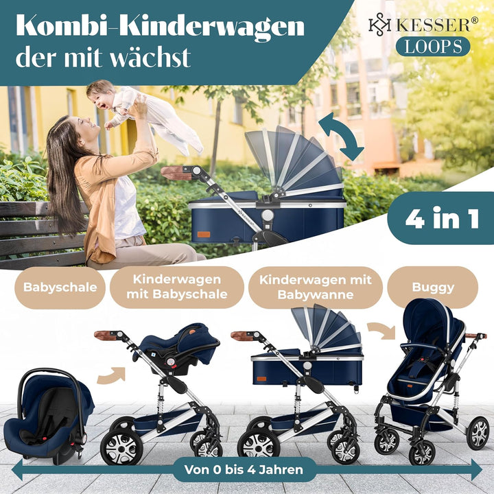 KESSER® Loops 3 in 1 Kinderwagen Kombikinderwagen Komplett-Set inkl. Babywanne &amp; Buggy Sportsitz &amp; A