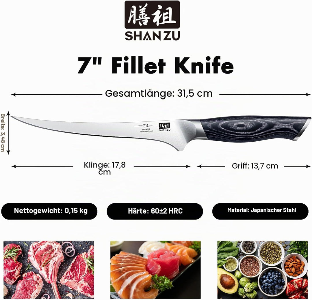 SHAN ZU Filetiermesser Ausbeinmesser 18CM Profi Scharf fischmesser Fischfiletmesser aus Japanischer
