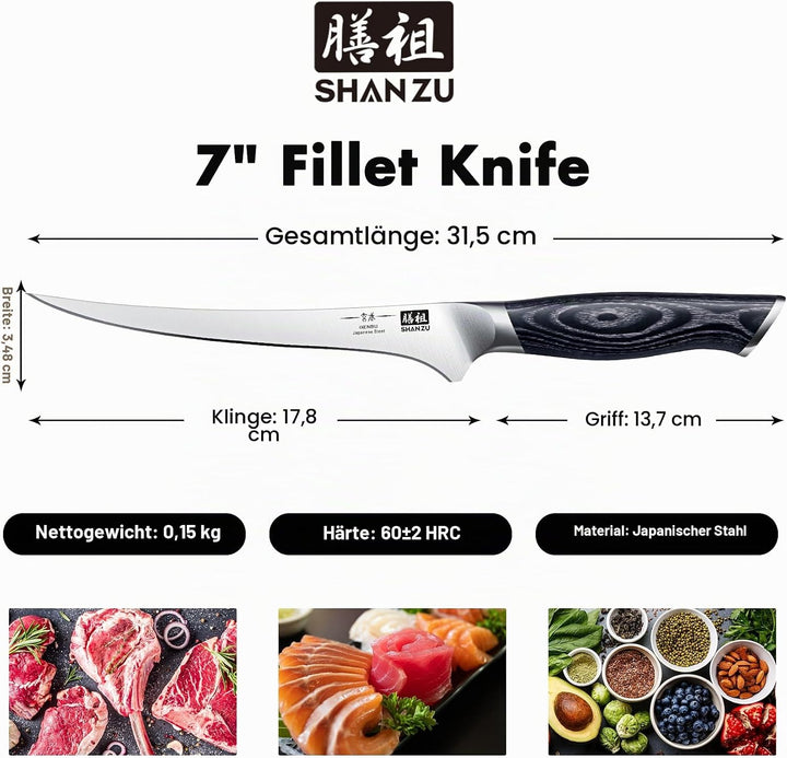 SHAN ZU Filetiermesser Ausbeinmesser 18CM Profi Scharf fischmesser Fischfiletmesser aus Japanischer