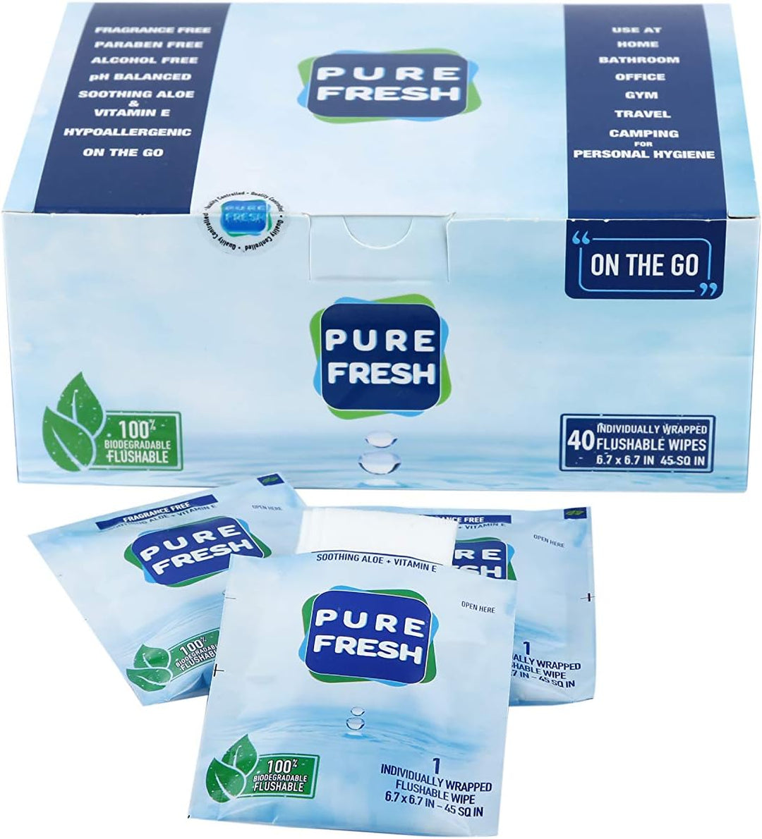 PureFresh Feuchttücher, spülbar, einzeln verpackt, für Reisen, 40 Stück