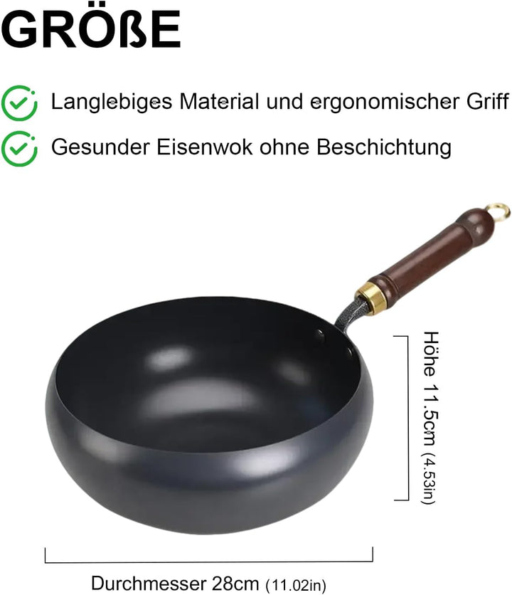 Japanische Eisenpanne 28 cm Eisenpfanne mit Deckel und Spatel Unbeschichtete Schmiedeeiserne Pfanne