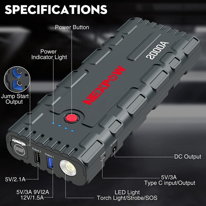 NEXPOW Starthilfe Powerbank, 2000A Spitzenstrom Auto Starthilfe, 12V Tragbarer Batterie Booster mit