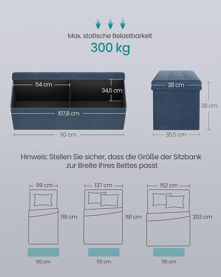 SONGMICS Sitzhocker mit Stauraum, klappbare Sitzbank, 38 x 110 x 38 cm Fussbank, Aufbewahrungsbox, b