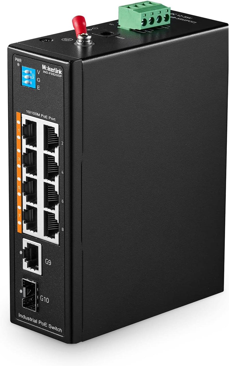 MokerLink 10 Port PoE Industrial Din Rail Switch, 8 Ports PoE+ 100Mbps IEEE802.3af/at, 1 Gigabit Eth