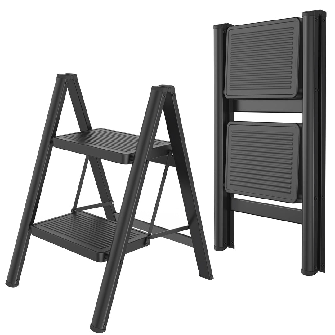 Aufun Trittleiter 2 Stufen, Klappleiter mit breitem Anti-Rutsch-Pedal, Haushaltsleiter Multifunktion