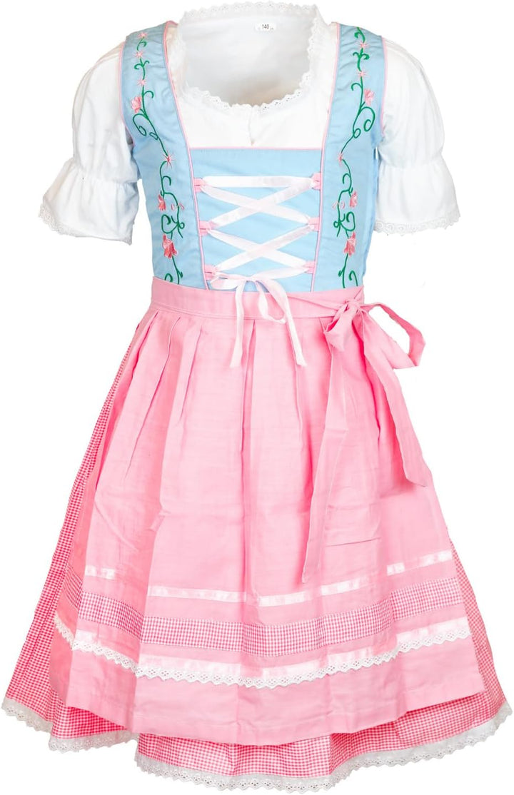 MS-Trachten Kinder Dirndl Kinderdirndl Trachtenkleid Elise rosa hellblau pastell 3 teilig 164 Hellro